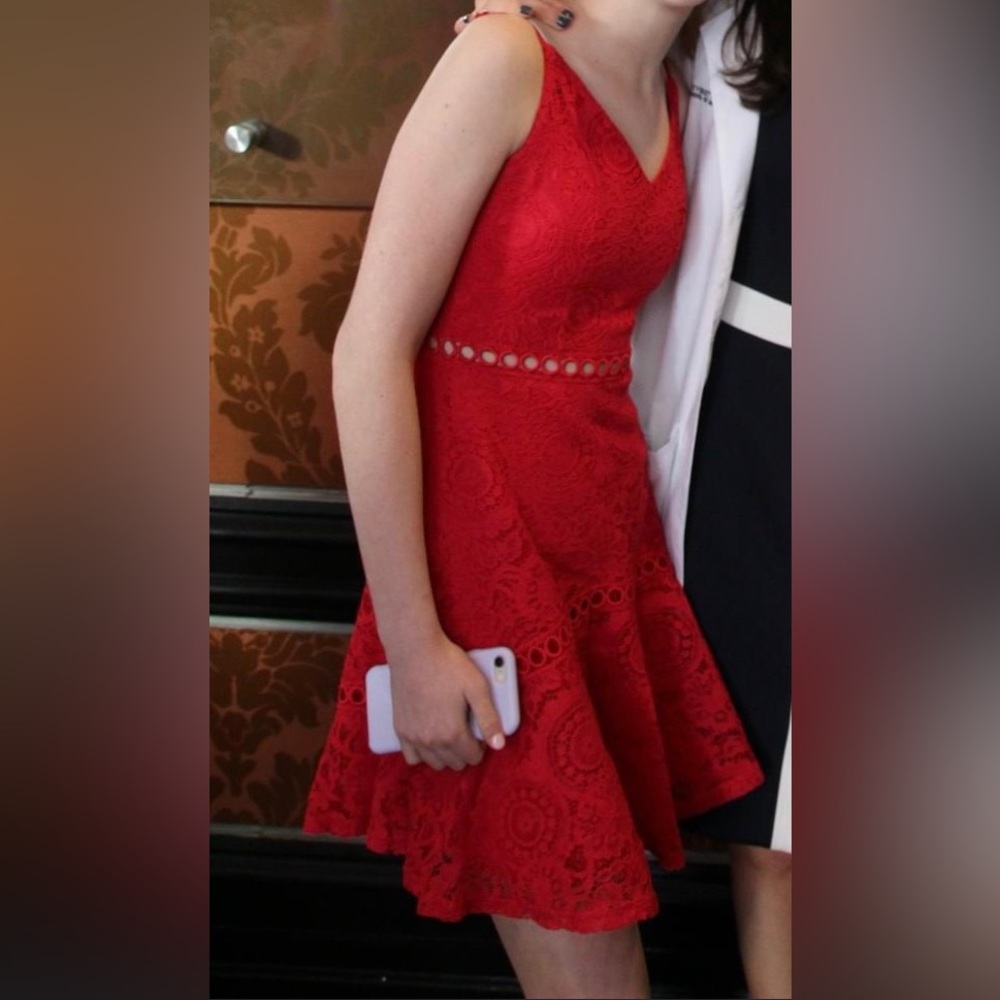 Francesca’s Calista Red Lace Fit and Flare Dress